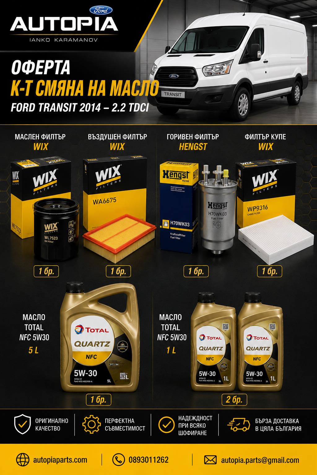 К-Т СМЯНА НА МАСЛО FORD TRANSIT 2014- 2.2 TDCI